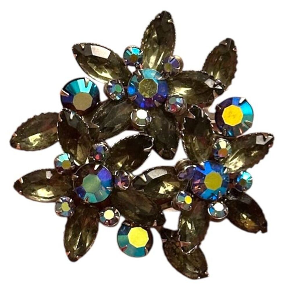 Vintage Mid-Century Smokey Gray AB Rhinestone Floral Brooch